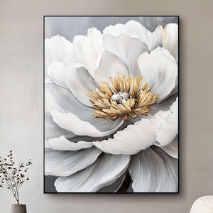 Grande peinture à l'huile florale texturée 3D dorée et blanche, art texturé 3D de fleurs blanches, peinture de fleurs épanouies, art sur toile de plâtre, décoration d'intérieur