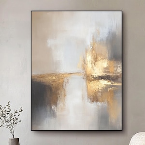 Original Beige Gold Abstract Painting: Modern Minimalist Canvas Art