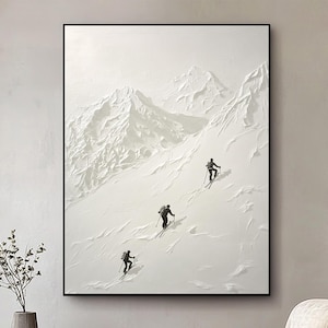 Original Snow Mountain Climbing Painting,3D White Canvas Custom Painting,Snowy Mountain Art,White Plaster Wall Art,Living Room Wall Decor