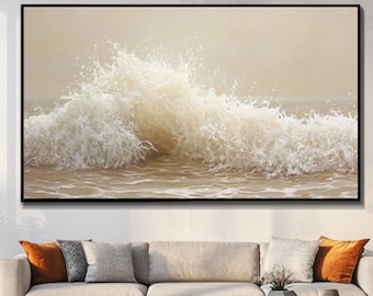 Pintura de olas oceánicas de gran tamaño con textura beige: arte costero abstracto sobre lienzo