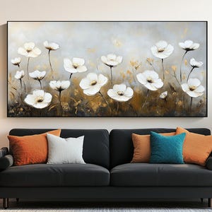 Original handgemaltes Blumenbild auf Leinwand, weiße florale strukturierte Wandkunst, blühende abstrakte Ölmalerei, Wohnzimmer Wandkunst Dekor