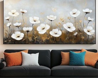 Hand-Painted White Floral Oil Painting on Canvas: Abstract Living Room Wall Art