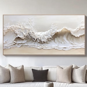 3D Texture Ocean Wave Painting on Canvas,Beige White Minimalist Beach Painting,3D Ocean Wave Canvas Wall Art,Modern Living Room Decor