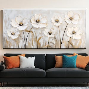 Original Flower Painting on Canvas,Abstract Blossom Flower Oil Painting,White Gold Floral Wall Art,Modern Botanical Palette Knife Art Decor