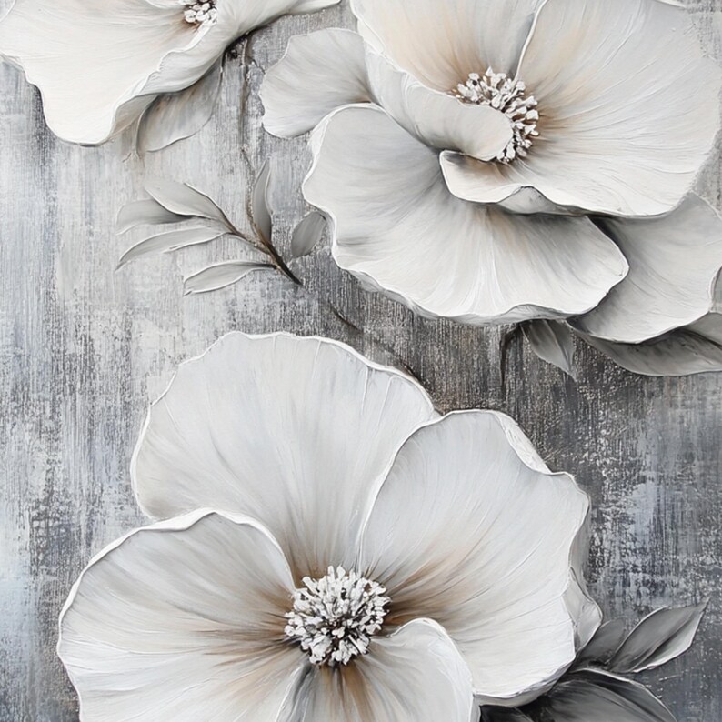 Large 3D Floral Texture Painting on Canvas: Abstract White Flower Wall ...