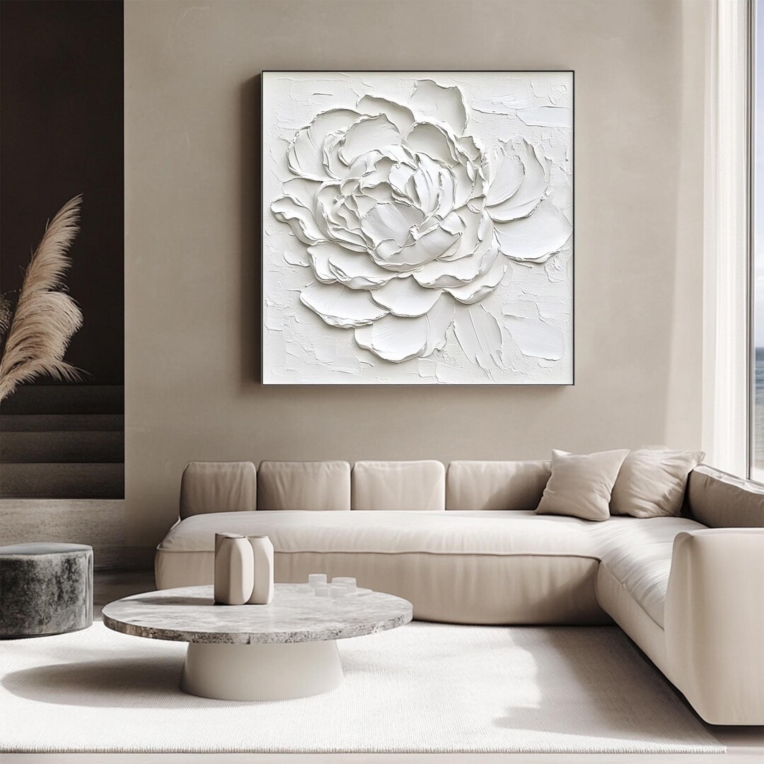 3D White Floral Oil Painting on Canvas:minimalist Flower Textured Art ...
