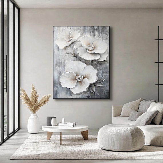 Large 3D Floral Texture Painting on Canvas: Abstract White Flower