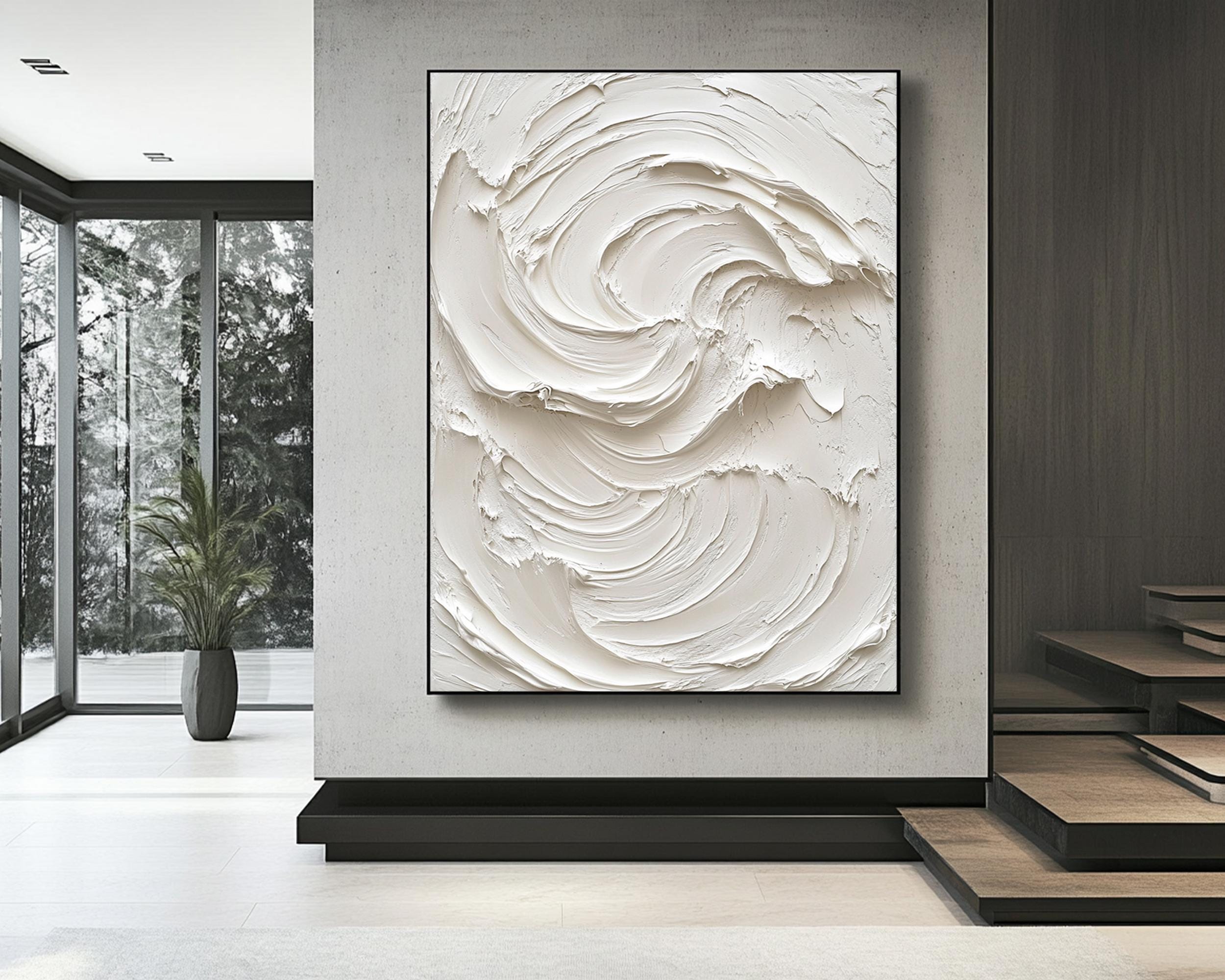 Large White 3D Textured Abstract Canvas Painting - Minimalist Wall Art ...