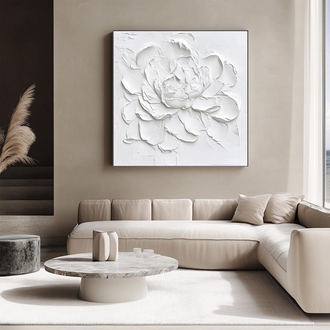 Abstract 3D White Flowers Oil Painting: Palette Knife Floral Canvas Art ...
