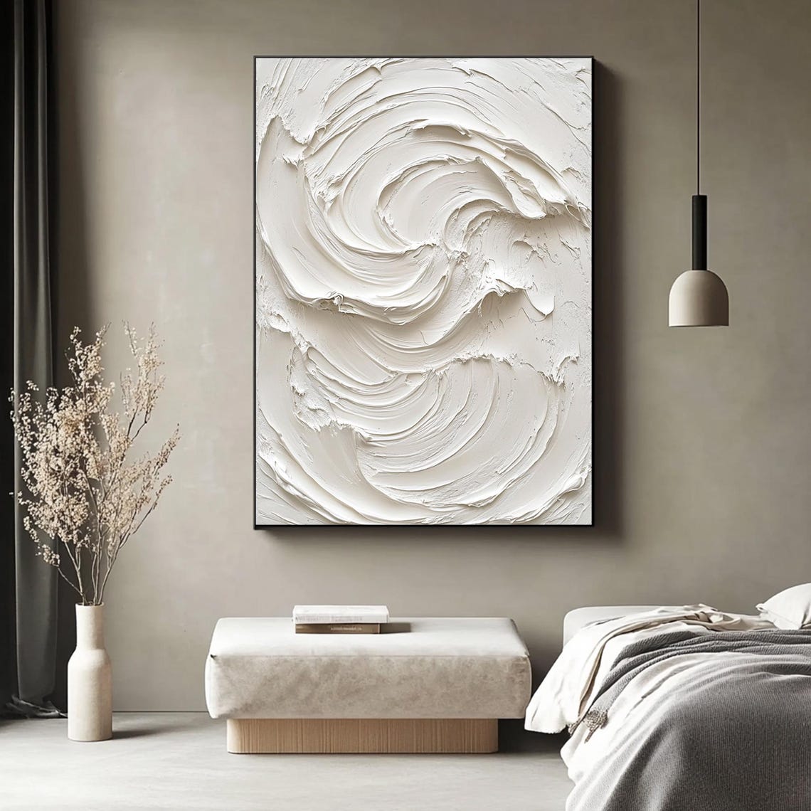 Large White 3D Textured Abstract Canvas Painting - Minimalist Wall Art ...