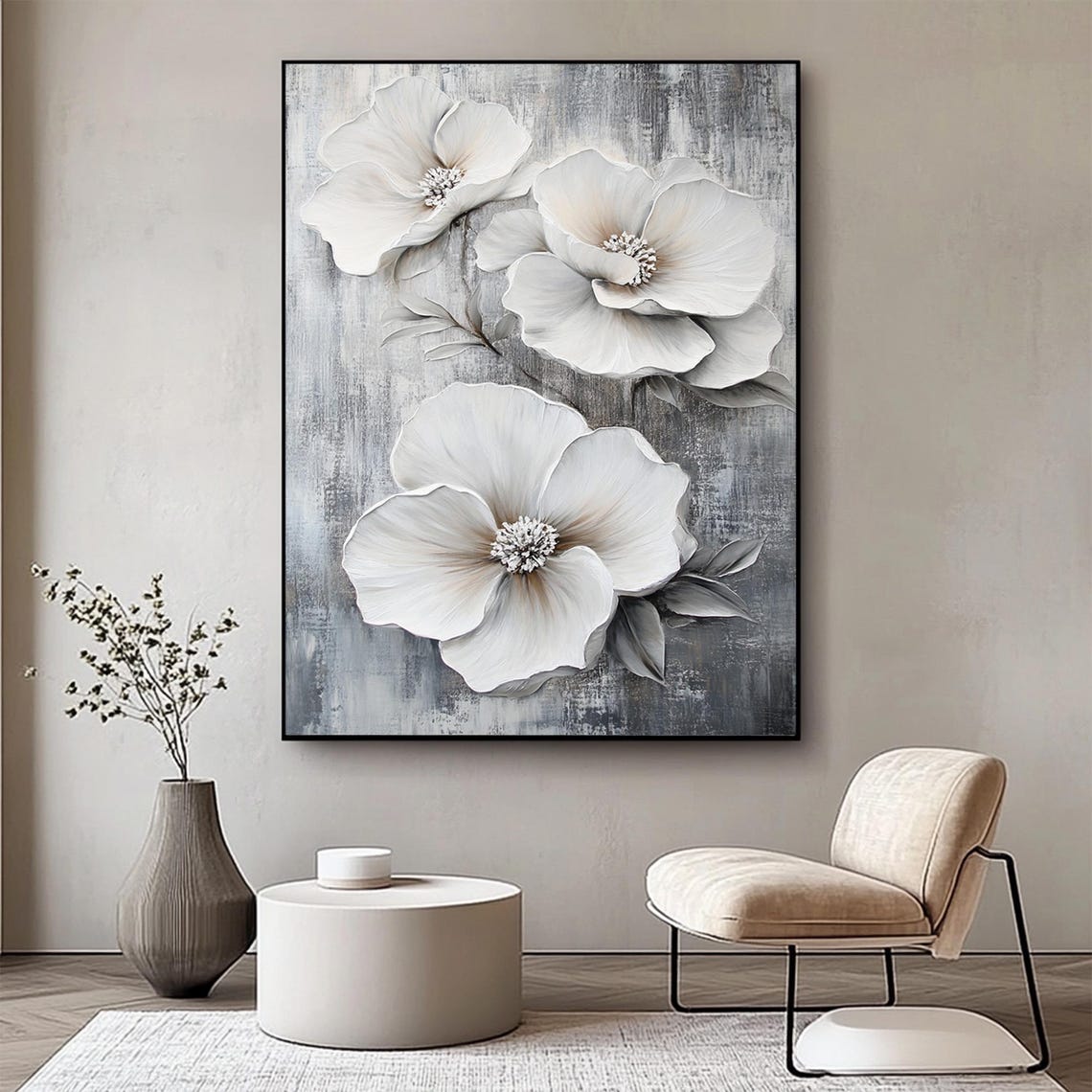 Large 3D Floral Texture Painting on Canvas: Abstract White Flower Wall ...