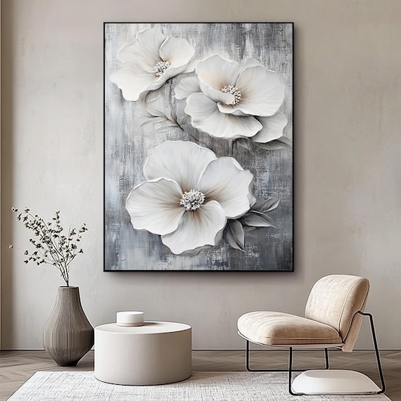 Large 3D Floral Texture Painting on Canvas: Abstract White Flower