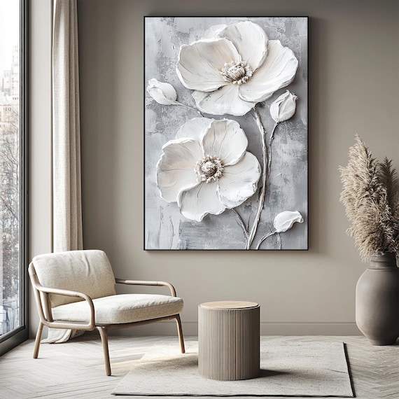 Large White 3D Flower Painting: Abstract Acrylic Knife Art on Canvas