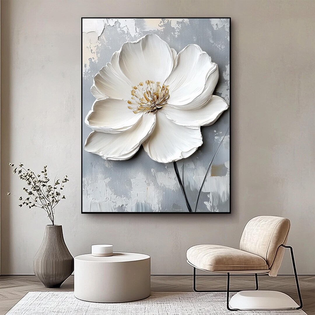 3D White Floral Oil Painting on Canvas: Textured Blossom Wall Art - Etsy