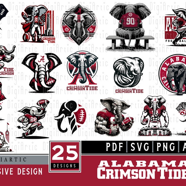 Alabama Football Bundle - 25 Crimson Tide SVG/PNG Design, Big Al Mascot Decor for Fan, College Football Enthusiast Gift