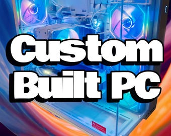 May include: A custom-built PC with a clear case, illuminated by blue and purple LED lights. The text "Custom Built PC" is prominently displayed. The computer components are visible inside the case, including fans and cooling systems.