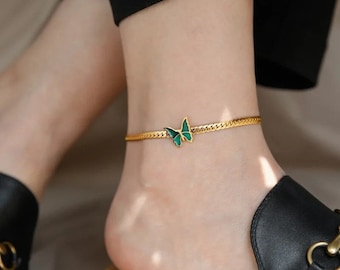 Beautiful Green Butterfly Charm Anklet 18k gold plated- Stainless Steel Snake chain anklet-Minimalist dainty anklet- Gift for her