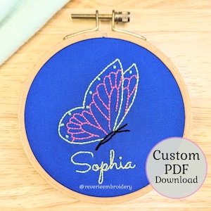 Butterfly Custom Hand Embroidery Pattern Digital Download, Beginner Pattern, Personalized Baby Shower Gift, Nursery Name Embroidery Hoop
