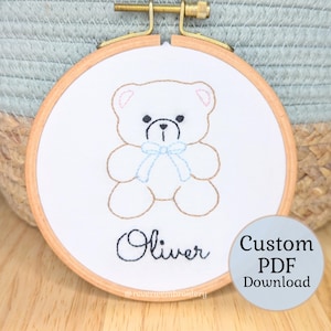 Teddy Bear Custom Hand Embroidery Pattern Digital Download, Beginner Pattern, Personalized Baby Shower Gift, Nursery Name Embroidery Hoop