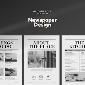 Puede incluir: Plantilla de libro de bienvenida en blanco y negro estilo periódico con el texto "Cosas que hacer", "Acerca del lugar" y "La cocina". La sección "Cosas que hacer" tiene imágenes de actividades como nadar, jugar al golf y patinar. La sección "Acerca del lugar" tiene una foto de una cerradura y iconos para 4 personas, 3 dormitorios y 1 baño. La sección "La cocina" tiene una foto de una cocina con electrodomésticos y una lista de suministros de cocina.