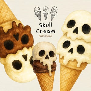 Watercolor Halloween Skull Ice Cream Clipart PNG Spooky Season Doodle Illustration Printable Templates Hand drawn Creepy Halloween Elements