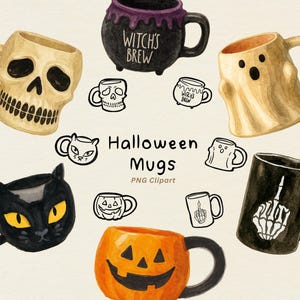Cute Halloween Coffee Mug Watercolor Clipart PNG Spooky Season Doodle Illustration Printable Templates Hand drawn Halloween Elements