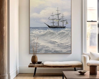 Pintura marina de barcos, decoración de arte de pared de paisaje marino, pintura al óleo de barcos, decoración marina, pintura abstracta, arte de lienzo de velero, decoración de pared abstracta