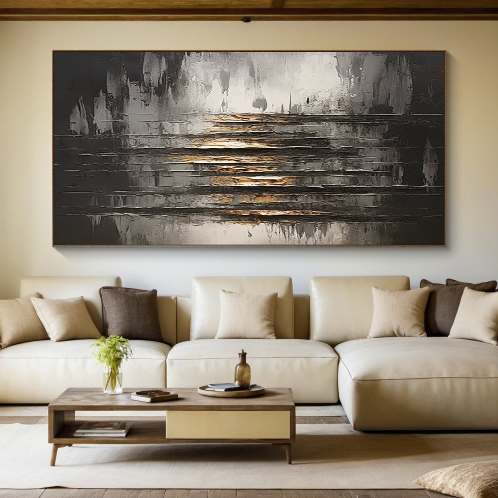 Large Black and Gray Abstract Canvas Painting, 3D Texture Wall Painting