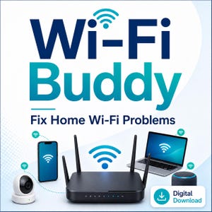 以下が含まれることがあります： Wi-Fi Buddy Fix Home Wi-Fi Problemsというタイトルのデジタル画像。黒いワイヤレスルーター、スマートフォン、ノートパソコン、防犯カメラ、スマートスピーカーが描かれ、青いWi-Fiアイコンとデジタルダウンロードのアイコンが表示されています。