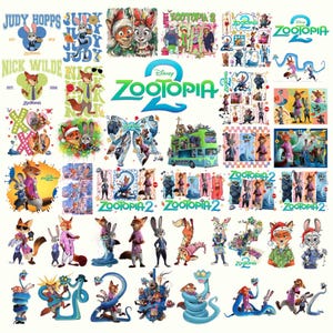 Puede incluir: Una colección de gráficos temáticos de Zootopia con Judy Hopps, Nick Wilde y otros personajes. Los diseños incluyen ilustraciones, logotipos y elementos de texto, con una variedad de colores y estilos. Las imágenes son de la película de Disney Zootopia 2.
