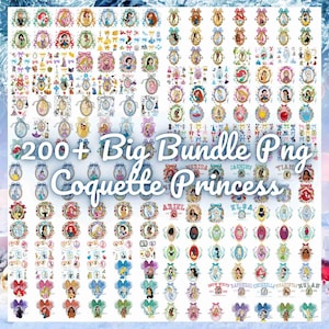 May include: A collection of digital graphics featuring various Disney princesses in oval frames, bows, and other decorative elements. The text "200+ Big Bundle Png Coquette Princess" is displayed in the center.