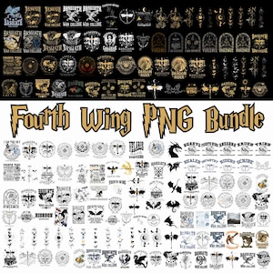 Op de afbeelding: Een verzameling PNG-afbeeldingen met ontwerpen met draken, wapenschilden en tekst zoals "Basgiath", "Fourth Wing" en "War College". De afbeeldingen zijn in zwart, wit en goud, met een fantasiethema.