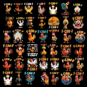 以下が含まれることがあります： 黒い背景に、漫画のニワトリのイラストが描かれています。各ニワトリはユニークなデザインで、「F-CAW-F」の文字が書かれています。夕焼けを背景にしたニワトリや、帽子をかぶったニワトリもいます。「I DID THE MATH, THE ANSWER IS F-CAW-F」というフレーズも含まれています。