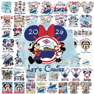 May include: A collection of Disney Cruise Line themed graphics. Mickey and Minnie Mouse are featured in various designs, including cruise ships, nautical elements, and the text "Let's Cruise". The color palette includes blue, red, and white.