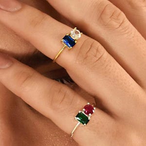 Dual Birthstone Ring for Women,Baguette & Round Cut Birthstone Ring,14K Solid GoldBirthstone Ring,Stackable Ring,Mothers Ring,Christmas Gift