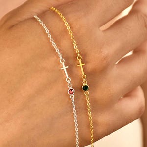 Cross Bracelet with Birthstone, Tiny Cross Bracelet, Dainty Gold Cross Bracelet, Confirmation Gift, Baptism Gift, Christmas Gift For Her