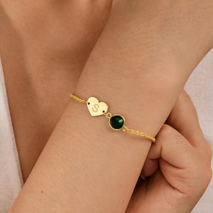 Heart Bracelet with Letter, Birthstone Initial Heart Bracelet, Letter Bracelet, Custom Letter Jewelry, Christmas Gift for Her, Gift For Mom