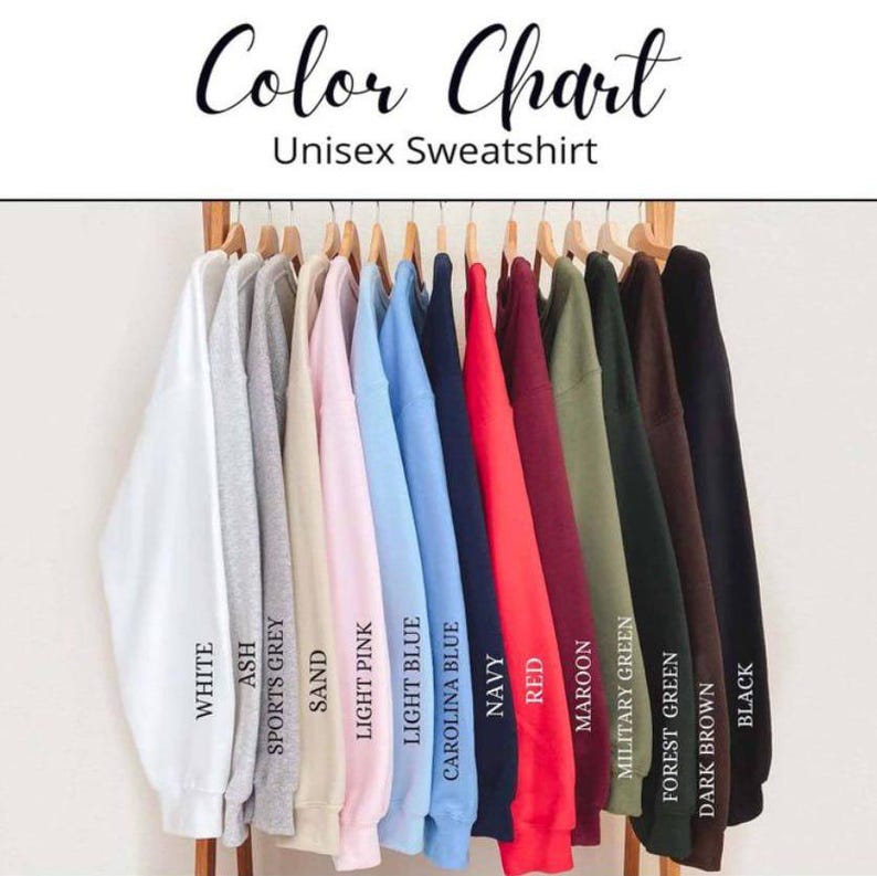 A color chart displaying various colored sweatshirts hanging on a rack, with each color labeled.