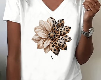 Boho Split Flower T-Shirt, Leopard Print Floral Tee