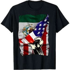 a black t - shirt with a mexican american flag and a fist