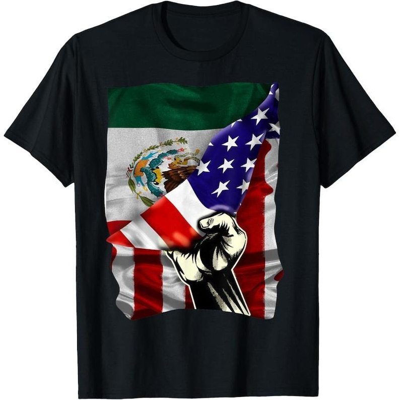 a black t - shirt with a mexican american flag and a fist