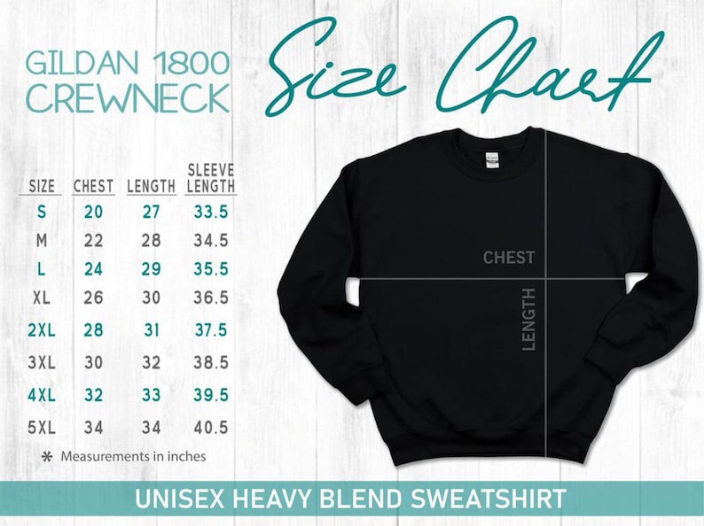 The image is a size chart for a black crew neck sweatshirt, with measurements and corresponding sizes listed.