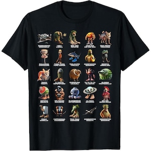 May include: Black t-shirt featuring a grid of colorful cartoon characters with whimsical names. The design includes various creatures and objects, each with a unique appearance and name, creating a playful and imaginative aesthetic.