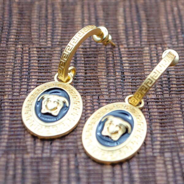 Vintage Versace Medusa Black and Gold Metal Tag earrings