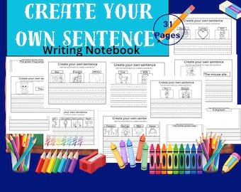 Create your Own Sentence-Kindergarten Writing- Draw and Write Journal for Kids-Kids Printable Homeschool Printable-Instant download