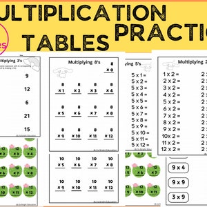 May include: A set of printable multiplication tables worksheets for practising maths facts. The worksheets feature a variety of colourful illustrations and are designed to help students learn and memorise multiplication tables. The worksheets include multiplication tables for 2s, 3s, 5s, and 8s.