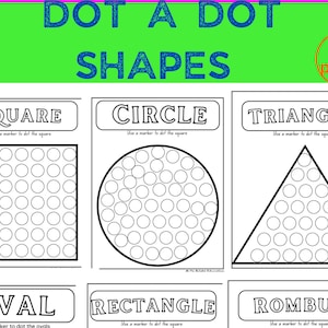 May include: A printable worksheet with 13 pages of dot-to-dot shapes. The shapes include a square, circle, triangle, oval, rectangle, and rhombus. Each shape is outlined with a black line and filled with white circles.