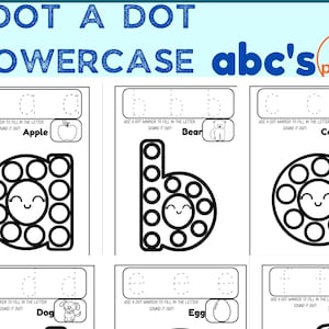 May include: A black and white printable worksheet with 27 pages of lowercase alphabet dot-to-dot activities. Each page features a different letter of the alphabet with a corresponding animal and word. The letters are surrounded by circles that need to be connected with dots.