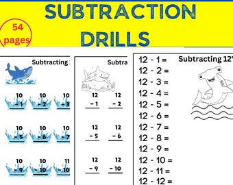 May include: A black and white worksheet with the title "Subtraction Drills" and a blue shark illustration. The worksheet includes subtraction problems with numbers 10, 11, and 12. There are also illustrations of a shark and a hammerhead shark.