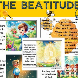 Puede incluir: Una ilustración colorida de las Bienaventuranzas, un conjunto de enseñanzas del Sermón de la Montaña en la Biblia. La imagen presenta un fondo amarillo con una colmena y abejas, y cada Bienaventuranza está ilustrada con un niño y una escena. El texto incluye las Bienaventuranzas, el versículo bíblico correspondiente y la frase "The Bee Attitudes Blessed are the..."